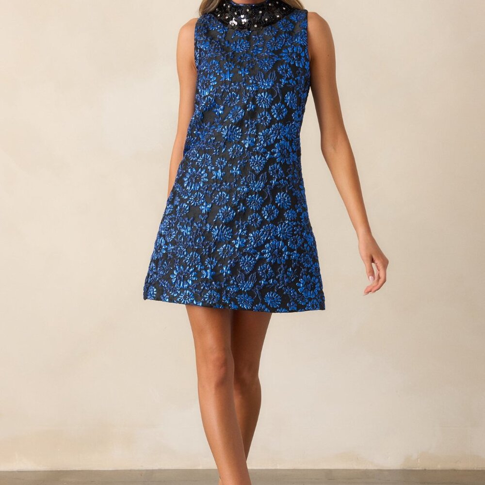 Red Dress Glistening Skies Midnight Blue Floral Jacquard Mini Dress Size MM / Na